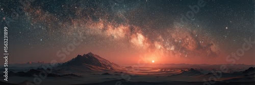 Vast night sky filled with stars and the Milky Way over a desert landscape during sunset