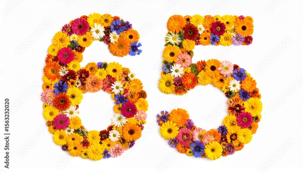 Number 65 made out of flowers with solid white background. Photo for 65th birthday or anniversary party Number 65 made out of flowers with solid white background. Photo for 65th birthday or anniversary party