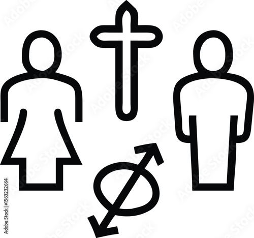 Outline of male, female, and transgender symbols with cross in art