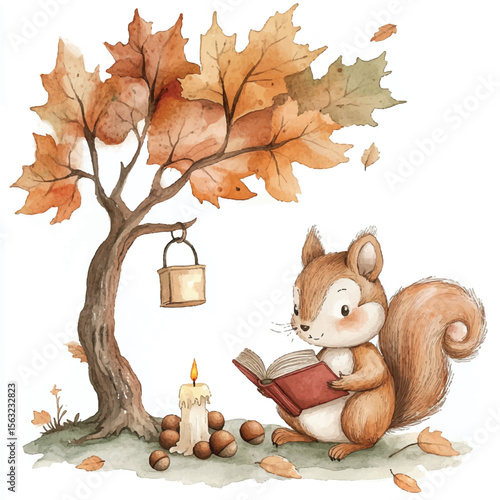 Watercolor Squirrel Reading a Book Under an Autumnal Tree with Candlelight (1)