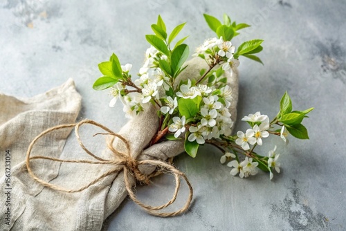 Wallpaper Mural A small bouquet of white cherry blossoms is wrapped in beige linen and tied with twine Torontodigital.ca