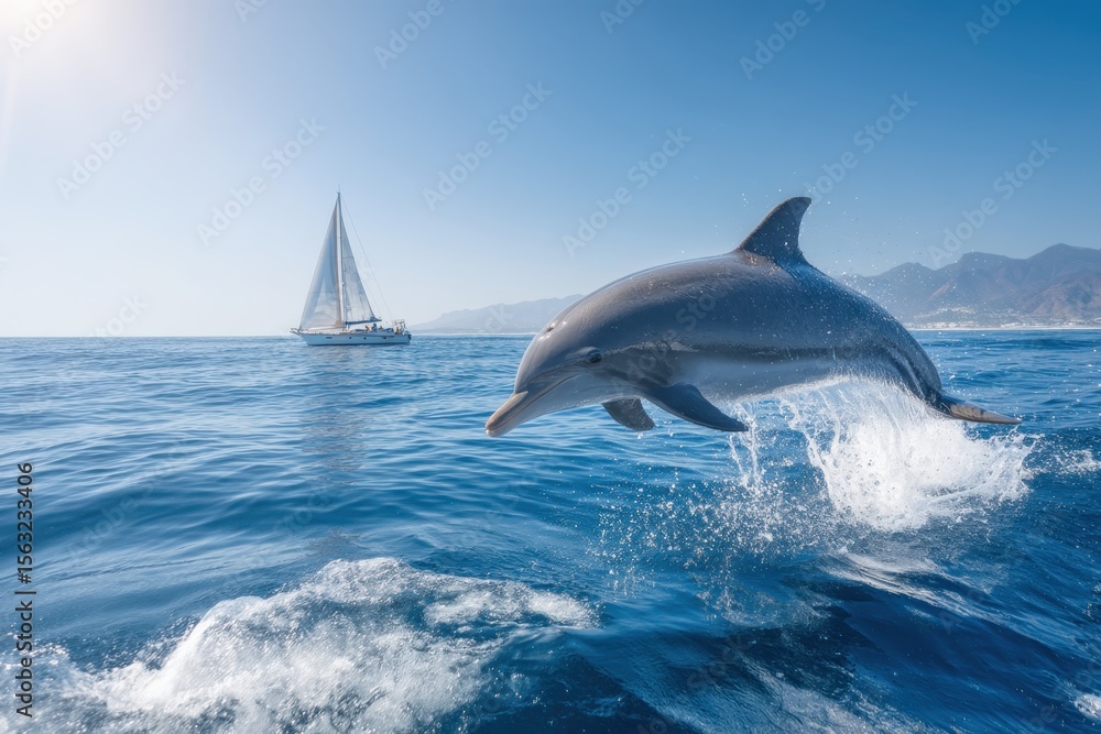 Naklejka premium Dolphin jumping near sailboat in blue ocean