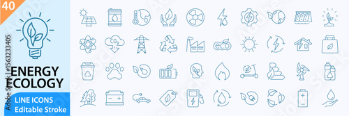 Green energy icon set. Energy Ecology Line Icons. Collection of energy, ecology and green electricity icons. Vector illustration. Editable Stroke.