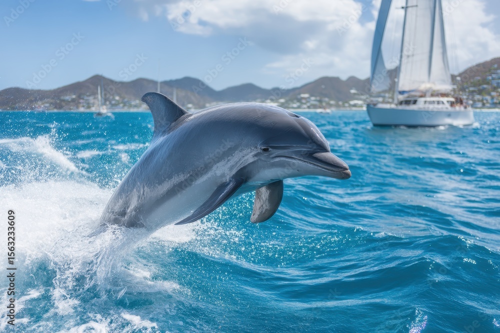 Obraz premium Dolphin jumping out of the ocean near a sailboat