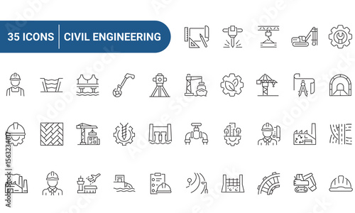 Civil Engineering Web Icons Set in Line or outline Style related to Civil Engineering. Icons For Web and Mobile Apps. Linear icons collection. Editable strokes. Vector illustration.