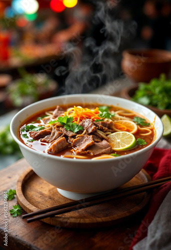 Vietnamese pho with beef, noodles, and fresh greens