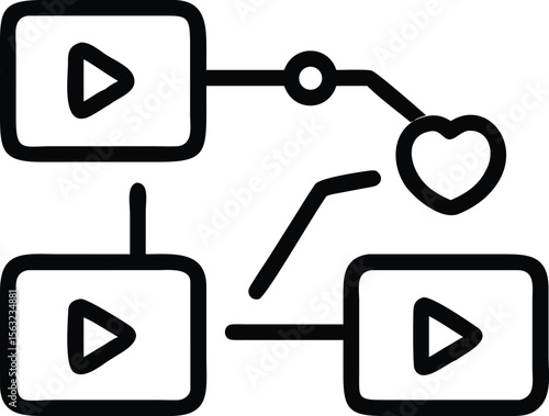 Outline video sharing workflow vector, connecting play buttons and a heart in simple style