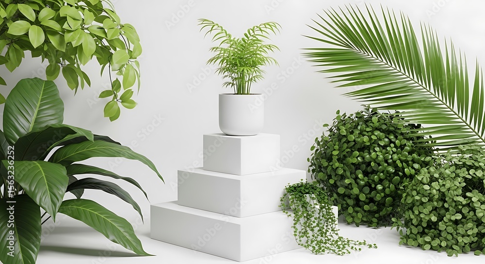 Fototapeta premium Arrangement of lush green houseplants on white geometric pedestals against a bright white background