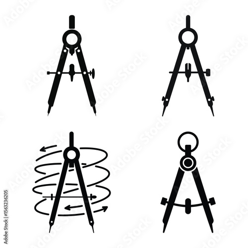 Four black silhouette drawing compasses isolated on white background