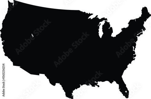 A detailed black silhouette of the United States of America, showcasing its continental border outlines.