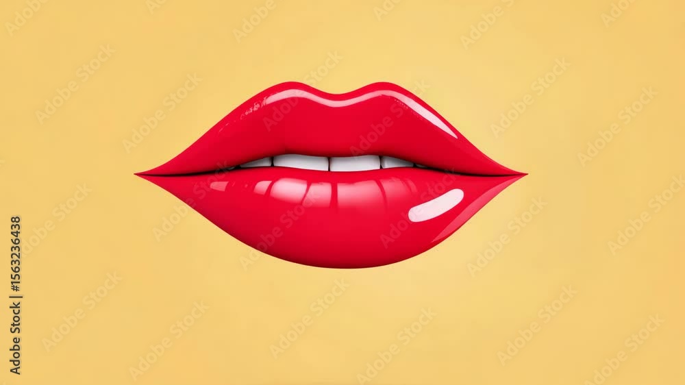 Playful bubblegum burst with red lips on yellow background Playful bubblegum burst with red lips on yellow background
