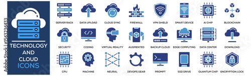 Technology and Cloud icon collection set. Containing design Cloud Storage, Server Rack, Data Upload, Cloud Sync, Firewall