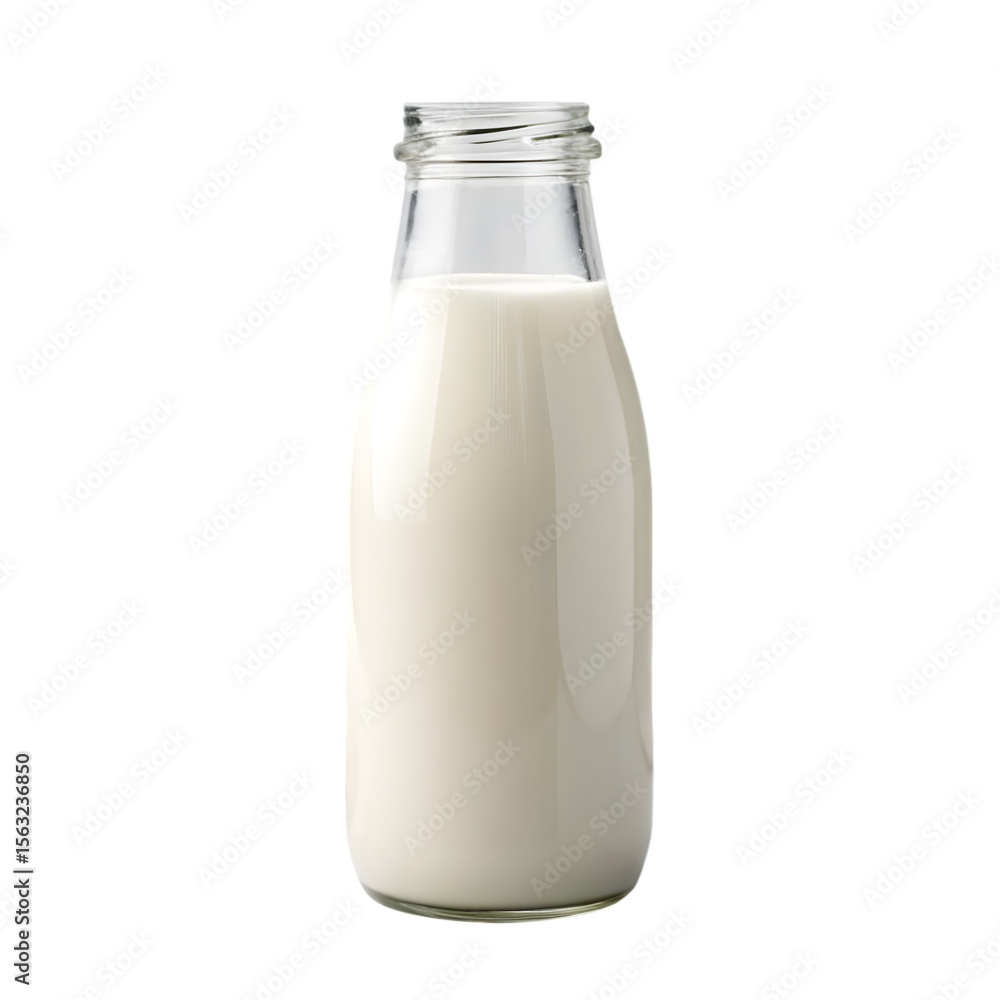 A single glass bottle filled with fresh milk on transparent A single glass bottle filled with fresh milk on transparent