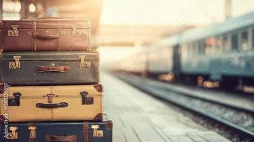 Vintage suitcases stacked at a train station