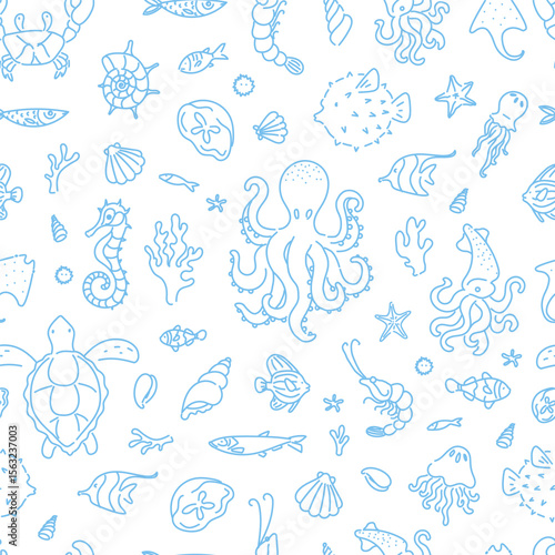 Seamless pattern with hand drawn marine animals including octopus, turtle, seahorse, jellyfish, squid, and fish on white background.