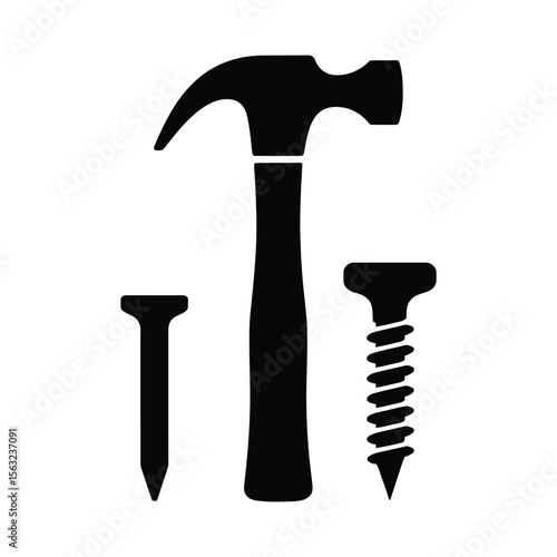 Hammer nail and screw silhouette isolated on white background
