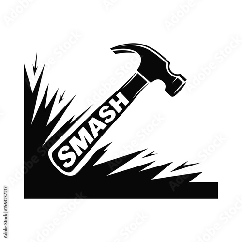 Hammer smashing a surface with the word smash silhouette isolated on white background