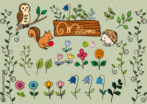 北欧風森の動物と花と植物セット素材（手書き文字入り） Scandinavian Animals & Botanical Flat Set with Welcome Text