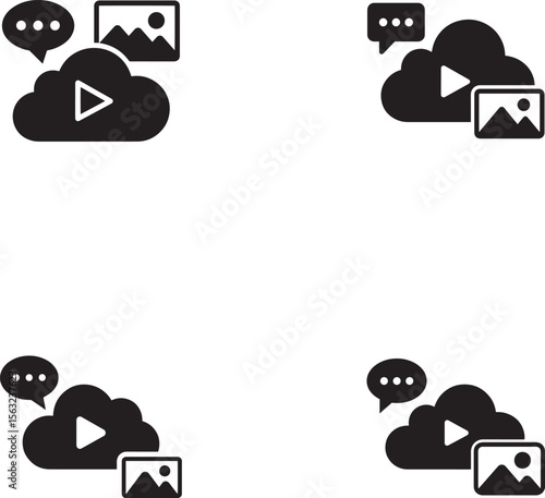 Cloud media sharing with chat and play icons representing digital communication
