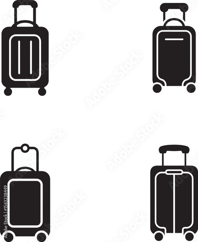 Collection of four black suitcase icons with wheels and handles on white background
