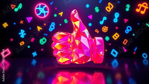 Neon Pink Low-Poly Thumbs Up Gesture;  Vibrant 80s Retro Style Background