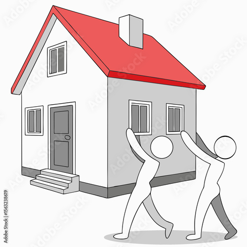 Two cartoon figures work together to move a small house with a red roof, showcasing teamwork and the challenges of relocation