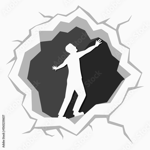 A silhouette of a man escaping through a hole in a wall, symbolizing freedom and breakthrough, set against a dark background