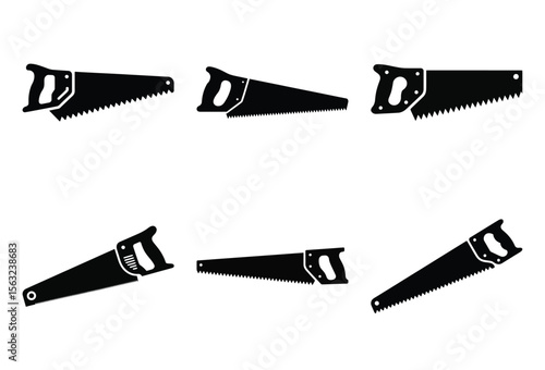 Collection of hand saw silhouettes isolated on white background