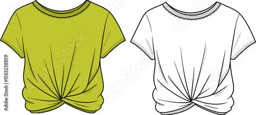 Women’s knotted front t-shirt design, casual short sleeve top, flat fashion sketch, front view apparel illustration, trendy summer clothing template, loose fit crop tee.