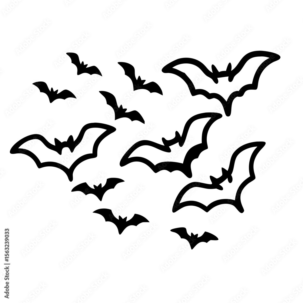 Naklejka premium A group of black bat silhouettes fly in a swarm, isolated on white background, evoking a spooky halloween theme