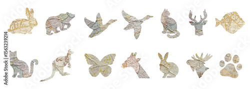 Obraz na plátne Animal cutouts with vintage map textures for collage, scrapbook, and retro trave