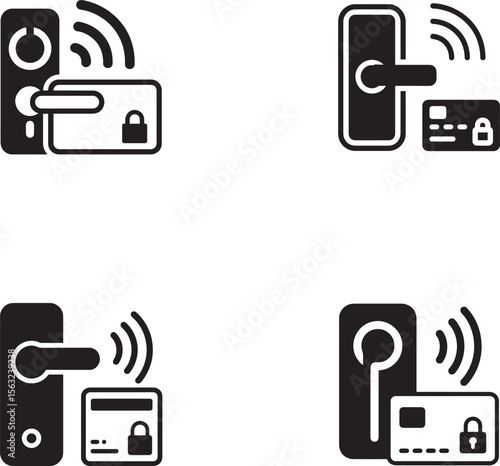 Set of four icons representing smart lock access with key card and wireless technology