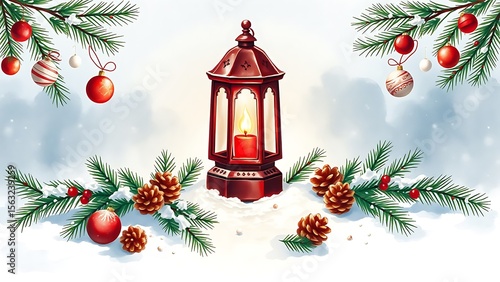 Warm Festive Christmas Lantern with Pine Branches, Ornaments, and Snow