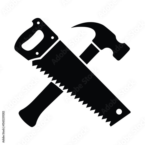 Crossed hammer and saw silhouette isolated on white background