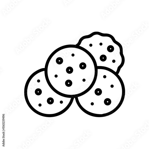 A simple line drawing shows a stack of chocolate chip cookies isolated on white background, representing a sweet treat or snack