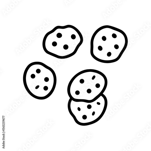 A tempting pile of chocolate chip cookies are stacked and scattered, isolated on white background