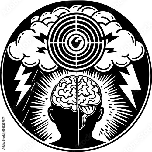 A stylized head with a brain is surrounded by lightning and a target, symbolizing mental focus amidst a storm of thoughts
