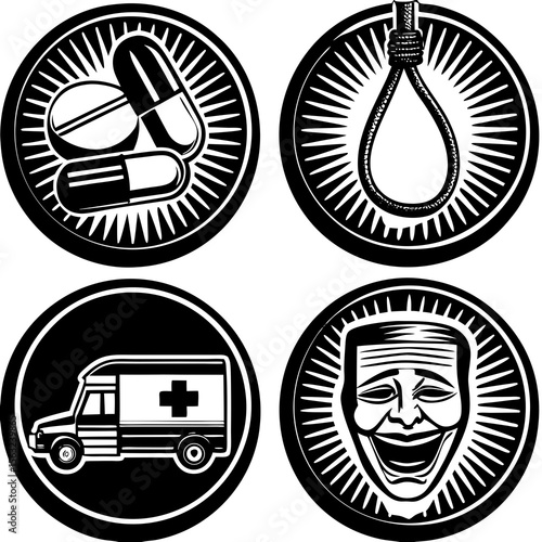 A graphic illustration shows pills, a noose, an ambulance, and a drama mask, representing themes of medicine, suicide, emergency services, and theatrical expression