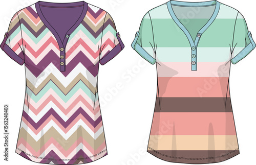 Obraz na płótnie Vector fashion flat sketch of women’s printed blouses, short sleeve henley tops, with button placket detail, colorful striped and chevron pattern, shirt design template