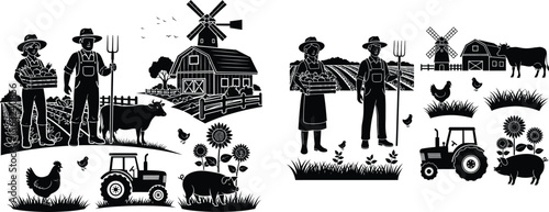 silhouette illustration of farm animals, farmers, barn, tractor, and rural landscape elements