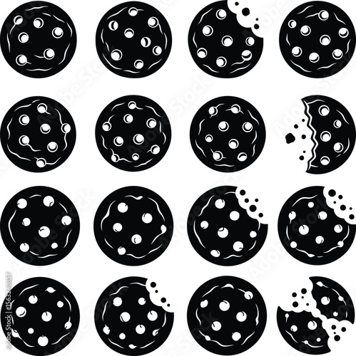 Silhouette set of whole chocolate chip cookies and bitten cookies food icon