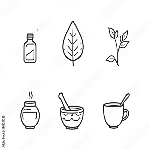 simple line art of ayurvedic spa and herbal therapy items