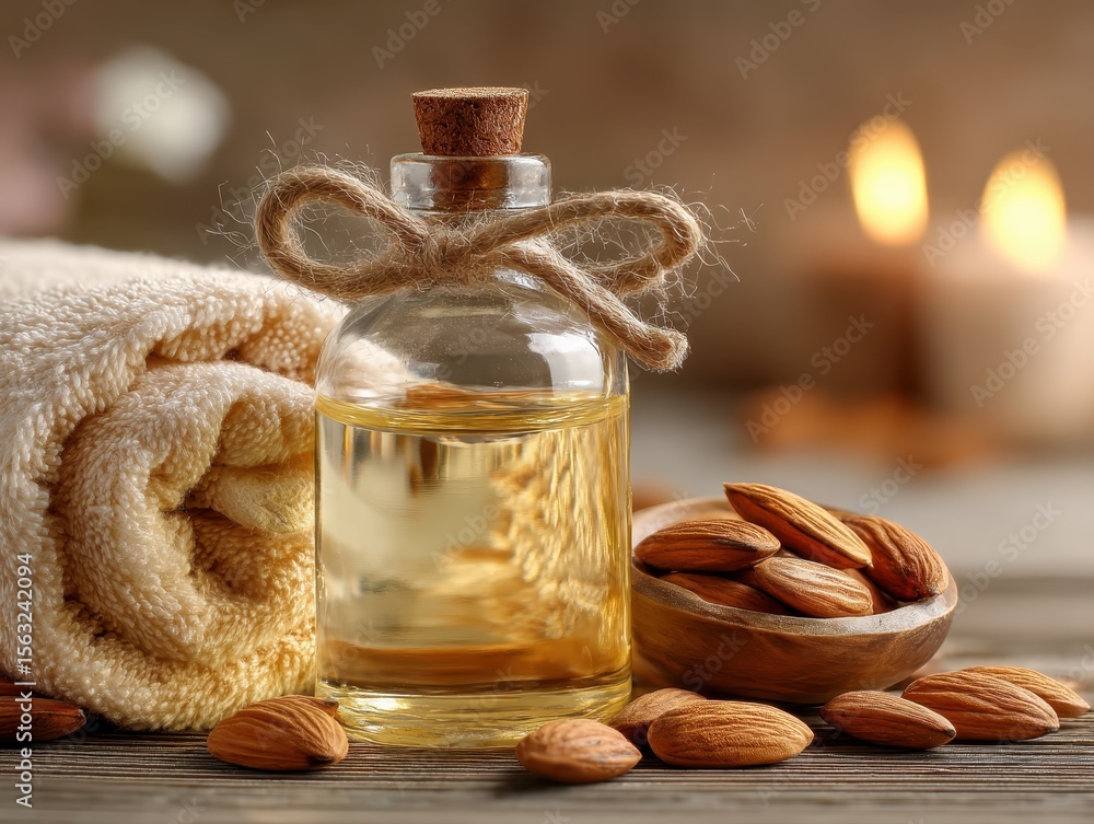 Almond oil and nuts on a wooden table with towel and candles Almond oil and nuts on a wooden table with towel and candles