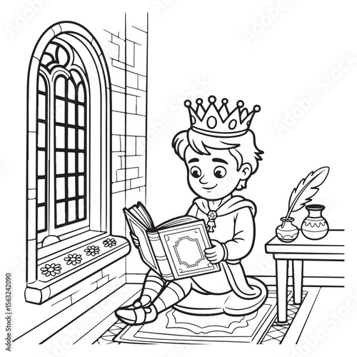 Cartoon prince reading a book by the window in a castle