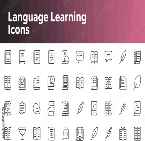 Language education graphic with icons for vocabulary, grammar, syntax, dictionary, and writing skills; a design useful for websites or educational materials.