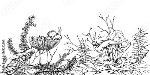 Golden chanterelle girolle, russula cortinarius webcap mushroom on top of fallen autumn leaves pile with twigs, branches. Fungi nature seamless banner hand drawn in vector ink. Linens kitchen stencils