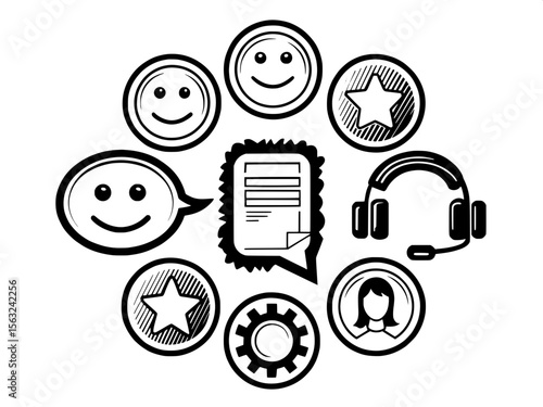 "Thin-line vector icons themed around customer satisfaction and care. Includes icons of smiling face rating, support team, message notification, call history, headset with gear, and support request."