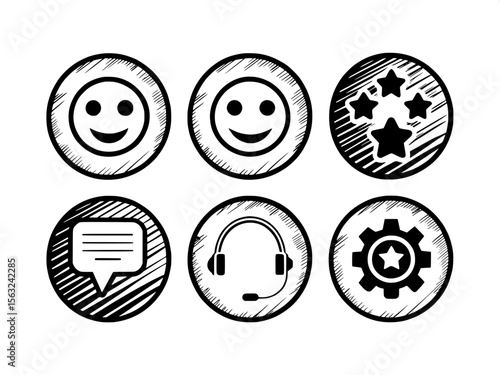 "Thin-line vector icons themed around customer satisfaction and care. Includes icons of smiling face rating, support team, message notification, call history, headset with gear, and support request."