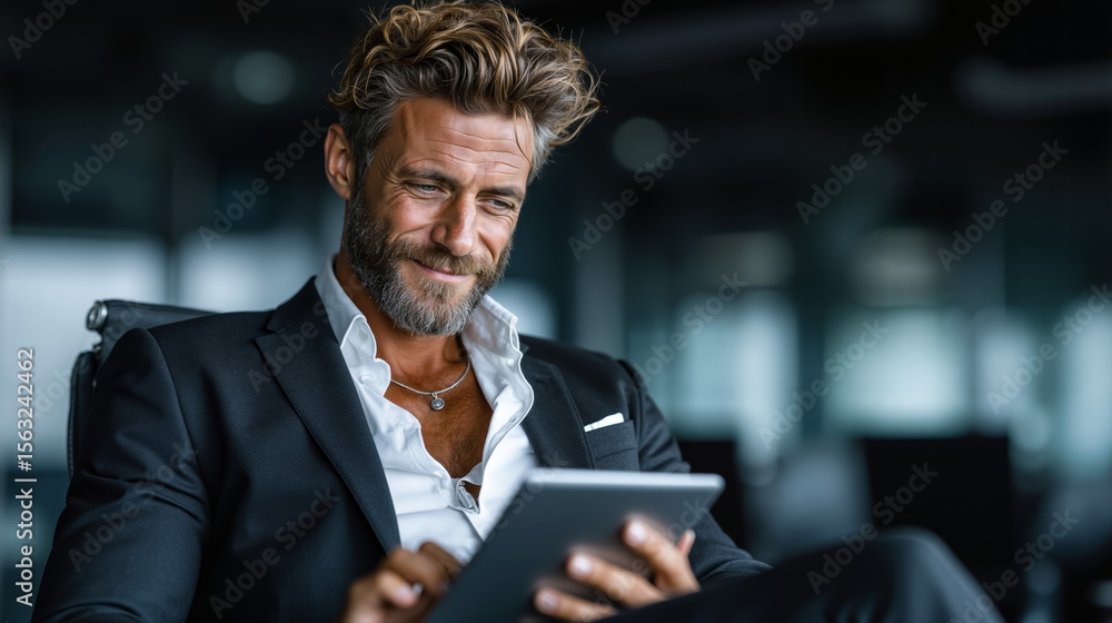 A man in a suit sitting in a chair using a tablet A man in a suit sitting in a chair using a tablet