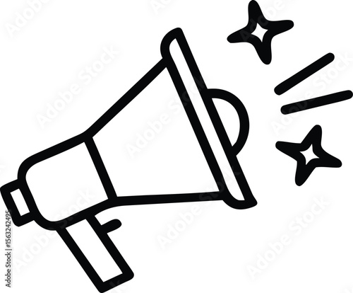 Simple line art bullhorn icon with stars, promotion and announcement